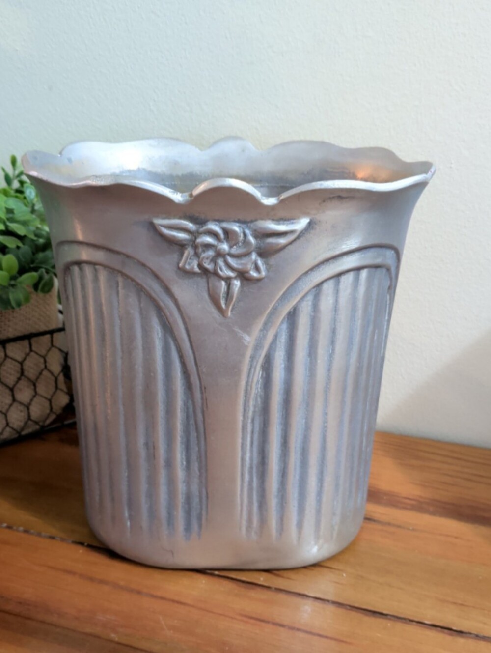 Victorian-style wine cooler made of cast aluminum with a pewter glo
